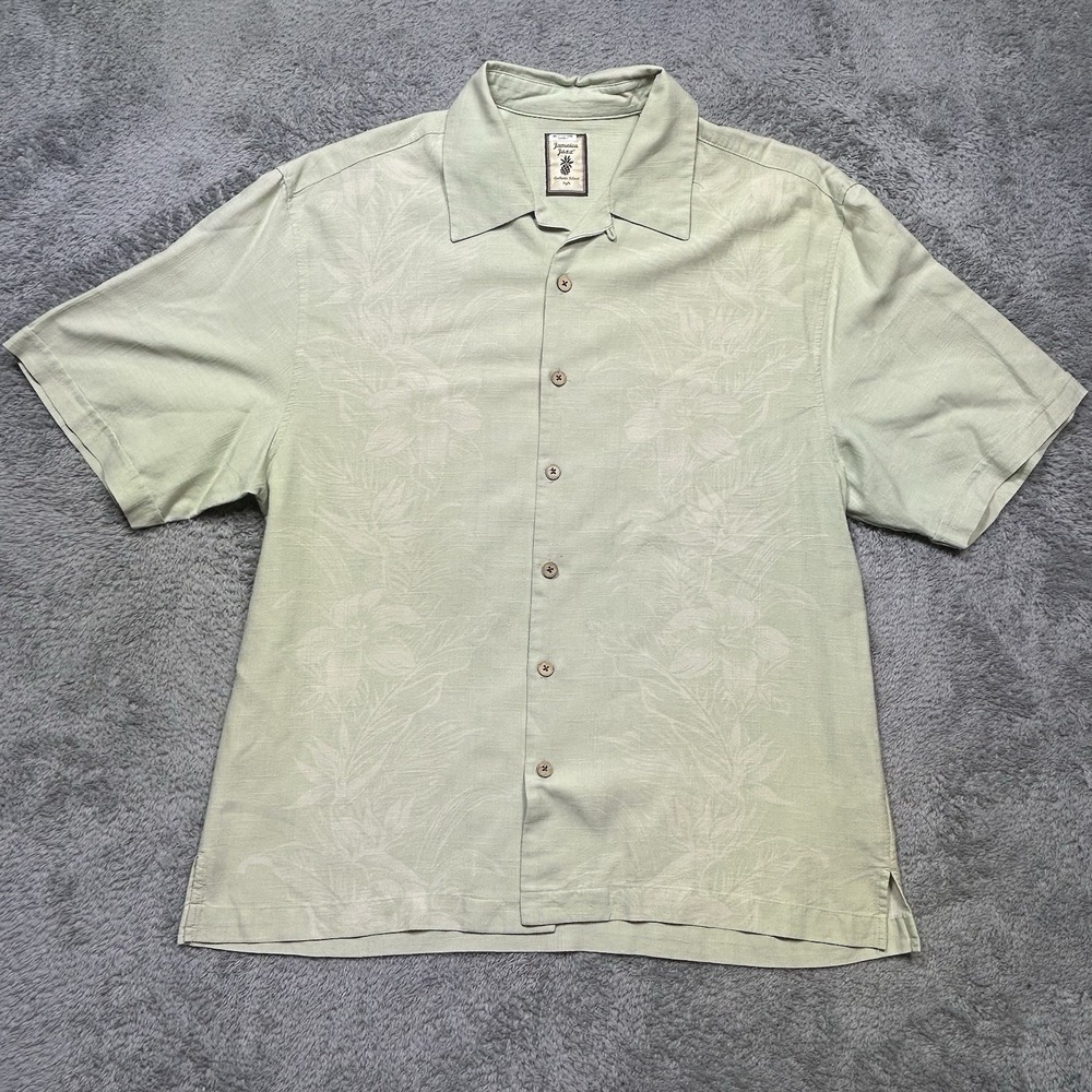 Jamaica Jaxx Shirt Men's L Mint Green 100% Silk Hawaiian Short Sleeve Floral EUC